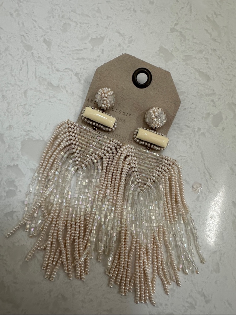 Anthropologie Iridescent Champagne-Bead Fringe Earrings
